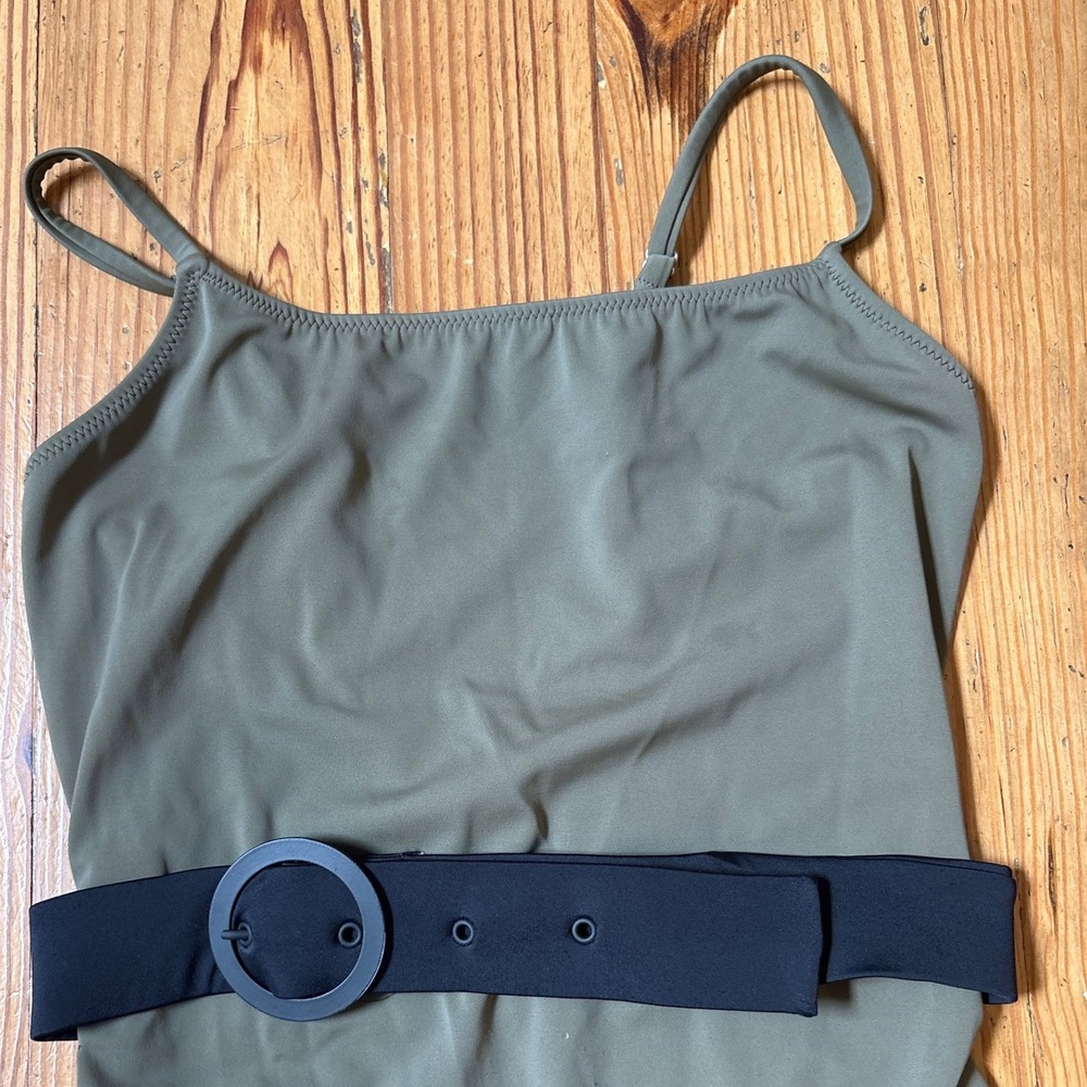 Solid & Striped One Piece Swimsuit Women Olive Green Belted SIZE M - Picture 2 of 7
